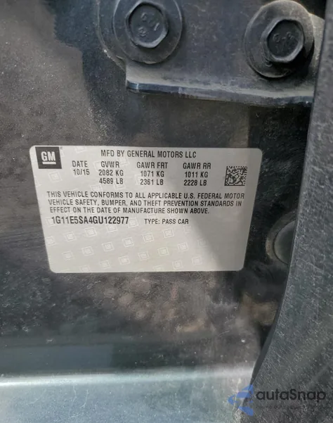 2016 Chevrolet Malibu Limited Ltz из США, поврежденный, VIN 1G11E5SA4GU122977